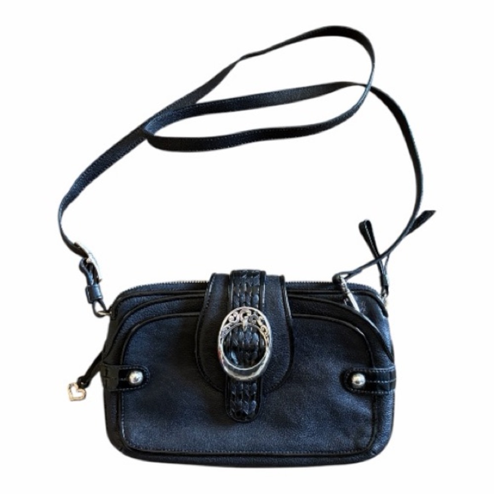 Fossil Black Leather Crossbody Bag Silver Hardware Adjustable Strap